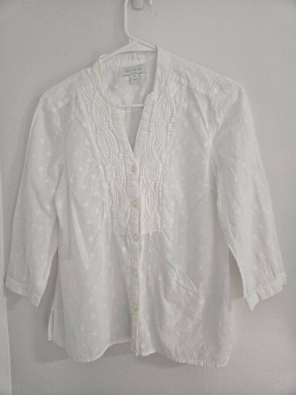 Charter Club White Textured Blouse 10P 100% Cotton Button Down Pintuck Lace Trim